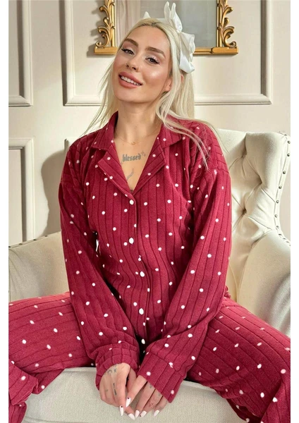 Pijama Evi Bordo Dotted Desenli Önden Düğmeli Peluş Polar Pijama Takımı