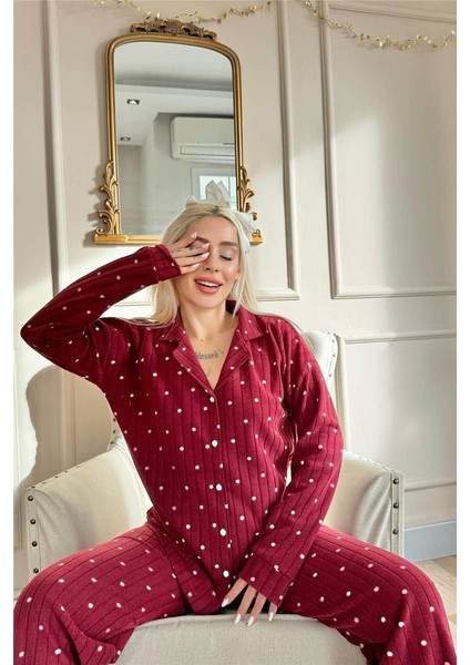 Bordo Dotted Desenli Önden Düğmeli Peluş Polar Pijama Takımı