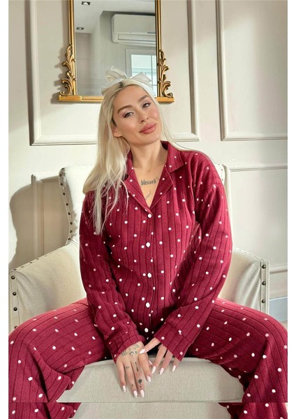 Bordo Dotted Desenli Önden Düğmeli Peluş Polar Pijama Takımı