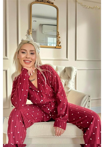 Bordo Dotted Desenli Önden Düğmeli Peluş Polar Pijama Takımı