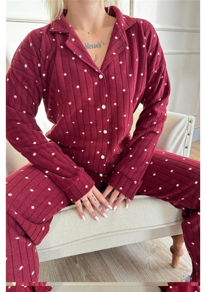 Bordo Dotted Desenli Önden Düğmeli Peluş Polar Pijama Takımı