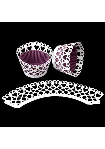 Cupcake Kenar Danteli - Dantelli Kalp Beyaz - 10'lu