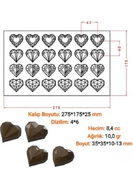 Polikarbon Çikolata Kalıbı Elmas Kalp 24 Lü