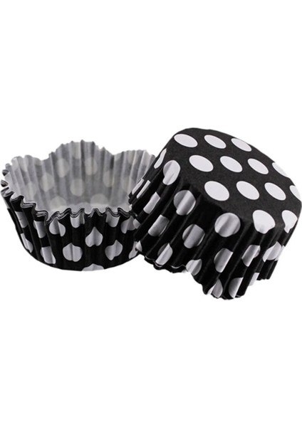 Cupcake Kalıbı Pet Kapsül Dalgalı Kek Kalıbı 65X38 mm - 100 Adet Puantiyeli Siyah 3.8x6.5 cm