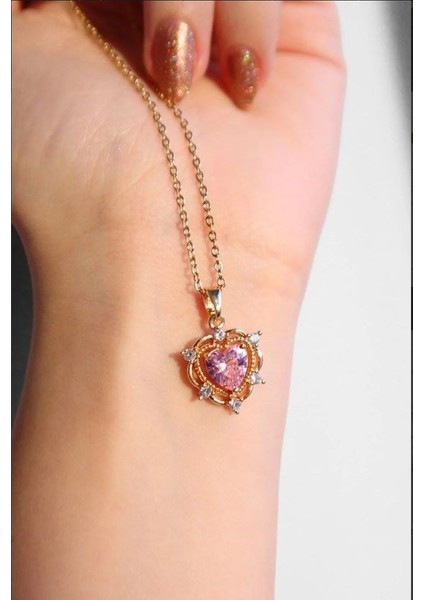 Gold Zincirli Zirkon Taşlı Pembe Kalp Heart Paslanmaz Çelik Kolye