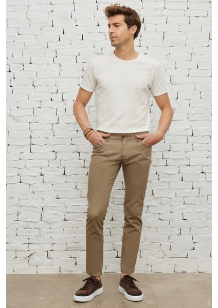 Erkek Bej Slim Fit Dar Kesim 5 Cep Armürlü Esnek Pantolon