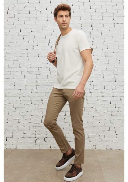 Erkek Bej Slim Fit Dar Kesim 5 Cep Armürlü Esnek Pantolon