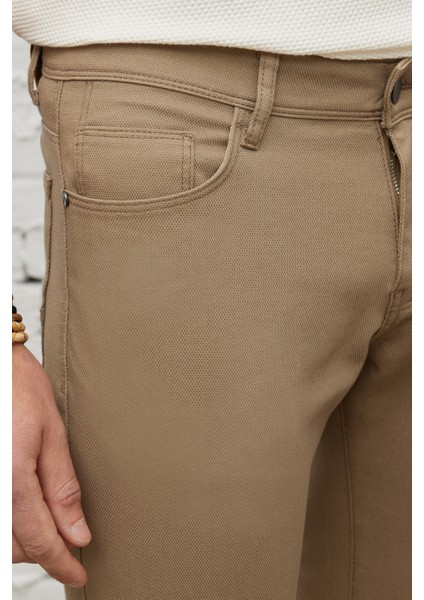 Erkek Bej Slim Fit Dar Kesim 5 Cep Armürlü Esnek Pantolon