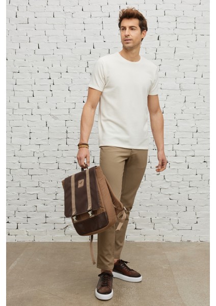 Erkek Bej Slim Fit Dar Kesim 5 Cep Armürlü Esnek Pantolon