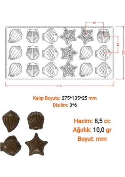 Polikarbon Çikolata Kalıbı Deniz Temalı 18 Li