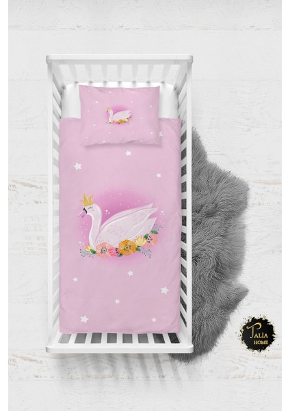 Pembe Kuğu Desenli Bebek Nevresim Takımı Çarşaflı TLABN-051