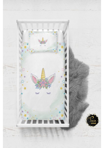 Beyaz Unicorn Desenli Bebek Nevresim Takımı Çarşaflı TLABN-076