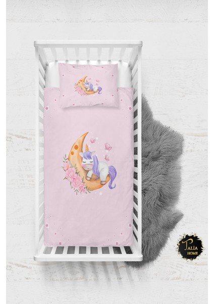Pembe Uyuyan Unicorn Desenli Bebek Nevresim Takımı Çarşaflı TLABN-080