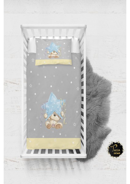 Yıldız Tutan Ayıcık Desenli Bebek Nevresim Takımı Çarşaflı TLABN-137