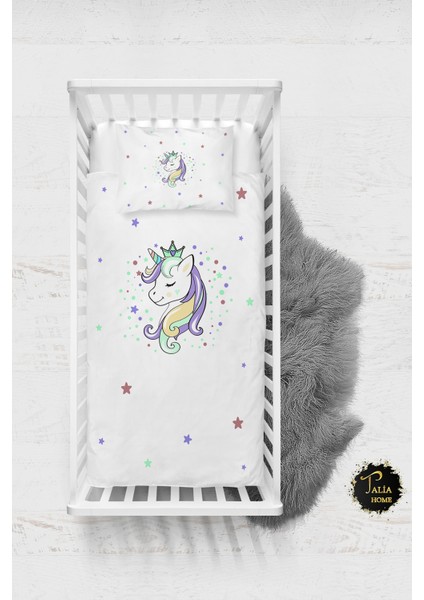 Beyaz Unicornlu Desenli Bebek Nevresim Takımı Çarşaflı TLABN-083