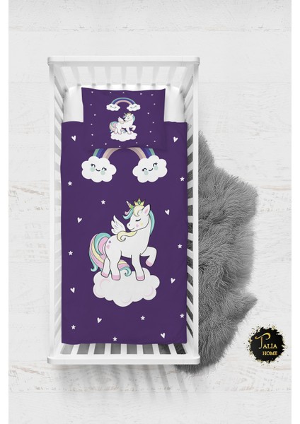 Mor Sevimli Unicorn Desenli Bebek Nevresim Takımı Çarşaflı TLABN-172