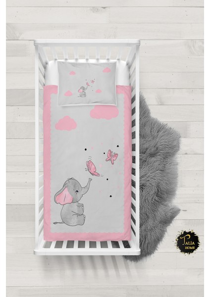 Gri Kelebek Fil Desenli Bebek Nevresim Takımı Çarşaflı TLABN-220