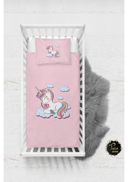 Pembe Unicorn Desenli Bebek Nevresim Takımı Çarşaflı TLABN-060