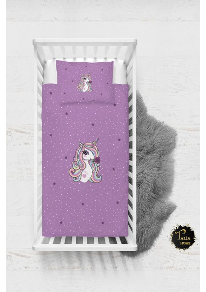 Mor Unicorn Desenli Bebek Nevresim Takımı Çarşaflı TLABN-054