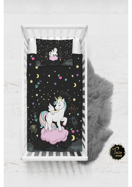 Talia Home Siyah Unicorn Desenli Bebek Nevresim Takımı Çarşaflı TLABN-077