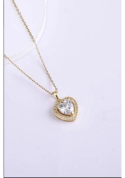 Gold Zincirli Zirkon Taşlı Kalp Paslanmaz Çelik Kolye Paslanmaz Çelik Kolye