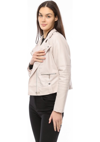 Dar Kesim Deri Ceket - Krem 38 modelleri