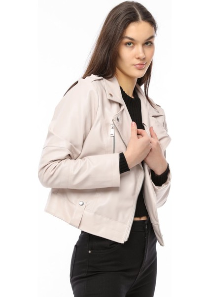 Dar Kesim Deri Ceket - Krem 40