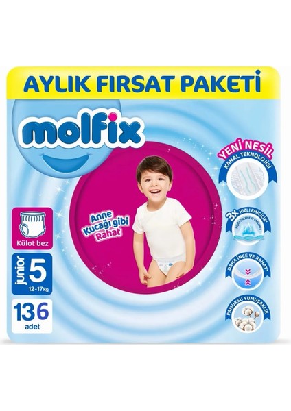 Pants Bebek Bezi 5 Beden Junior Aylık Avantaj Paketi 136 Adet 68 x 2