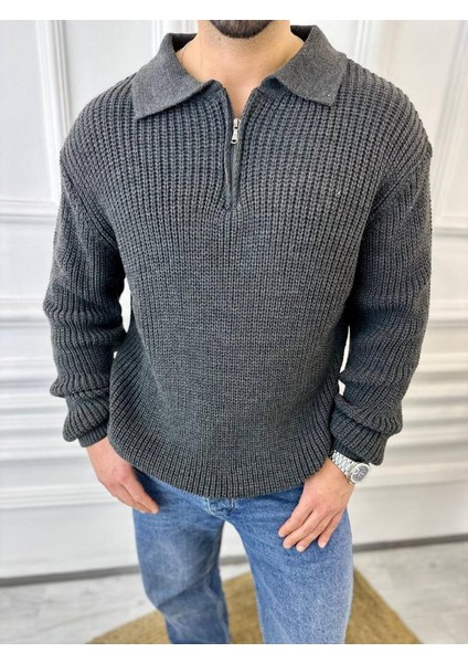 Kazak Oversize Tüylenmez Naturel Pamuk Fermuarlı Polo Yaka Örme Triko Kazak