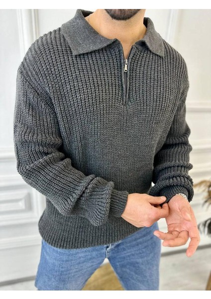 Kazak Oversize Tüylenmez Naturel Pamuk Fermuarlı Polo Yaka Örme Triko Kazak