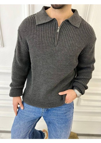 Kazak Oversize Tüylenmez Naturel Pamuk Fermuarlı Polo Yaka Örme Triko Kazak