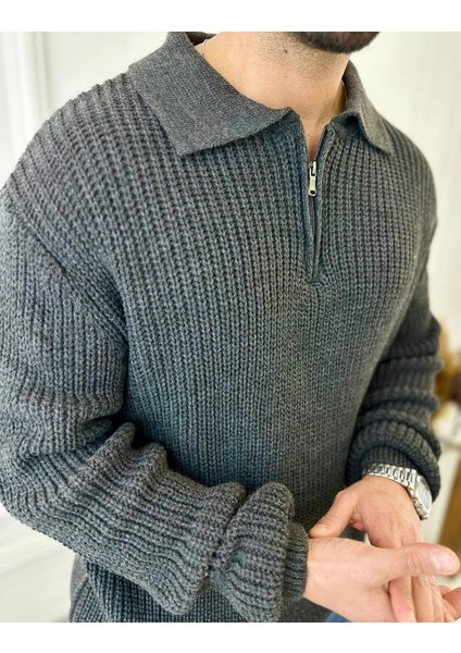 Kazak Oversize Tüylenmez Naturel Pamuk Fermuarlı Polo Yaka Örme Triko Kazak fiyatları