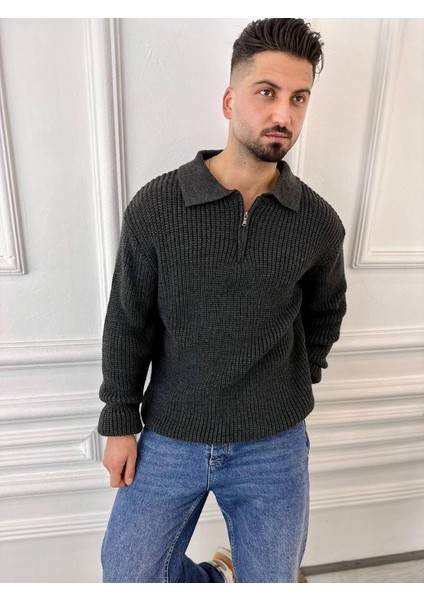 Kazak Oversize Tüylenmez Naturel Pamuk Fermuarlı Polo Yaka Örme Triko Kazak indirimleri