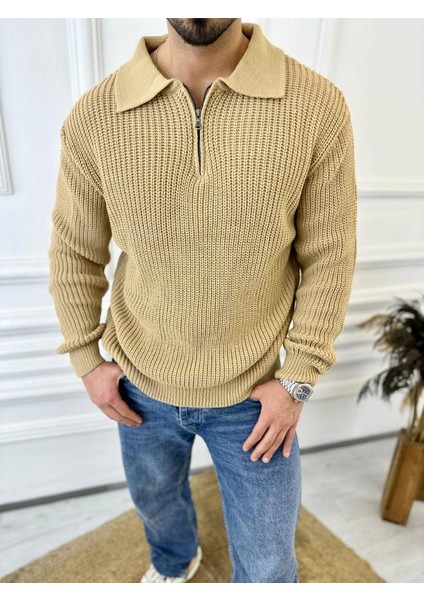 Kazak Oversize Tüylenmez Naturel Pamuk Fermuarlı Polo Yaka Örme Triko Kazak