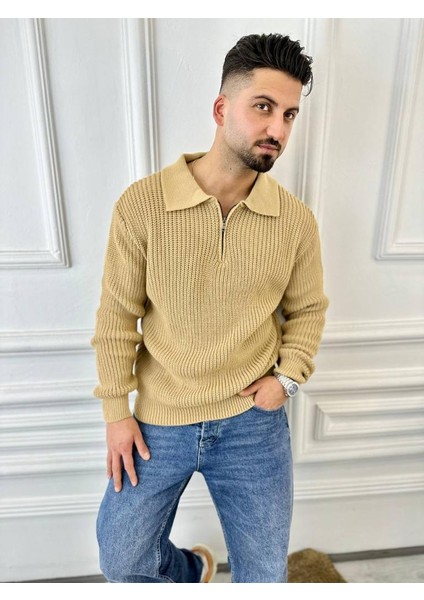 Kazak Oversize Tüylenmez Naturel Pamuk Fermuarlı Polo Yaka Örme Triko Kazak