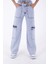 Kargo Cepli Detaylı ve Yüksek Belli Tam Boy Relaxed Kadın Kargo Kot Pantolon Kar Açık Mavi Denim 2