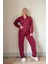 Bordo Eclipse Desenli Önden Düğmeli Peluş Polar Pijama Takımı 5