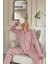 Pembe Lune Desenli Önden Düğmeli Peluş Polar Pijama Takımı 4