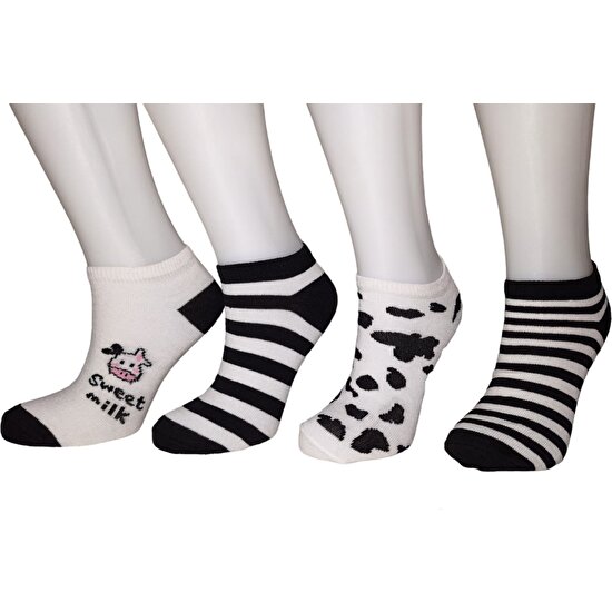4 Çift Kadın Inek Desenli Patik Çorap