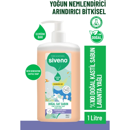 Siveno %100 Doğal Sıvı Kastil Sabun Lavanta Yağlı Yoğun Nemlendirici Arındırıcı Bitkisel Vegan 1000 ml