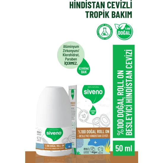 Siveno %100 Doğal Roll-On Hindistan Cevizli Deodorant Ter Kokusu Önleyici Bitkisel Lekesiz Vegan 50 ml