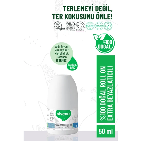 Siveno %100 Doğal Roll On Beyazlatıcı Etkili Deodorant Ter Kokusu Önleyici Bitkisel Lekesiz Vegan 50 ml