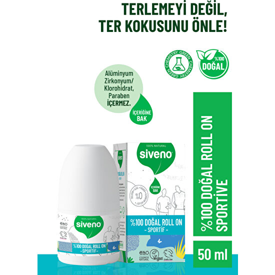 Siveno %100 Doğal Roll-On Sportif Sporcu Deodorant Ter Kokusu Önleyici Bitkisel Lekesiz Vegan 50 ml