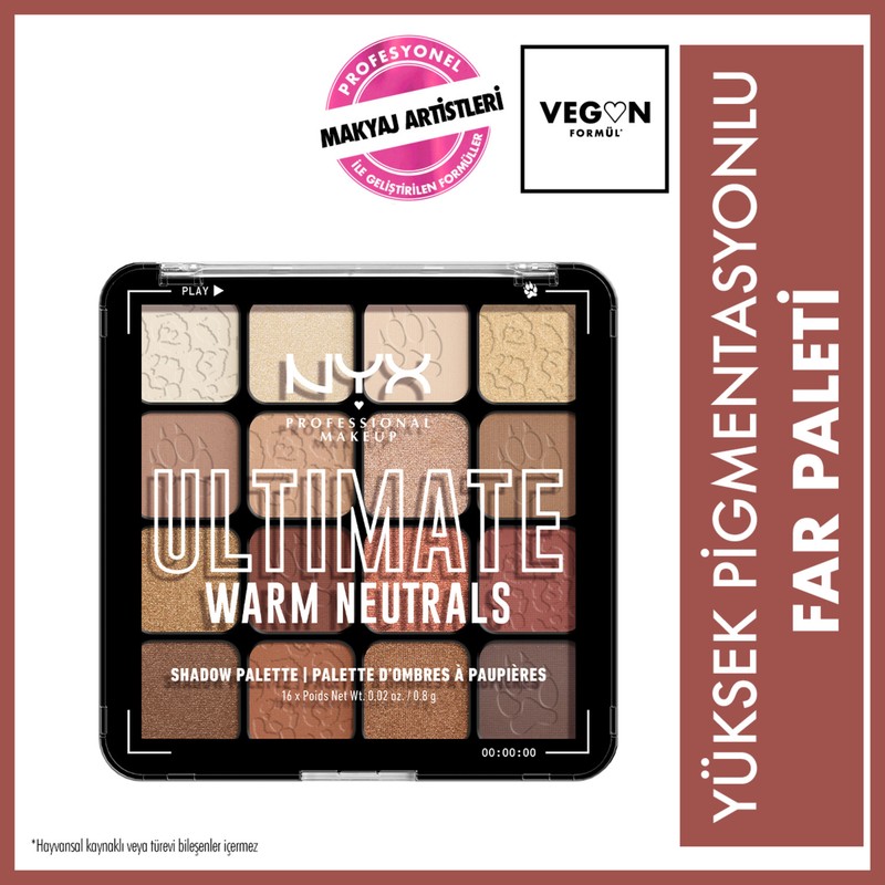 NYX Professional Makeup Ultimate Shadow Palette - Warm Neutrals 16 Renkli Toz Göz Farı Paleti Yüksek Pigmentasyon