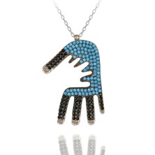 Turkuaz Siyah Taşlı Anne ve Eli Gümüş Kolye