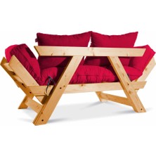 Mobil Deco Kombin Wood Ahşap Iki Kişilik Koltuk Bahçe Koltuğu Yataklı Ceviz Kırmızı
