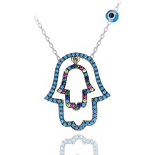 Renkli Taşlı Nazar Boncuklu Fatma Eli Gümüş Kolye