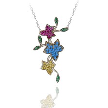 Renkli Taşlı Sarmaşıklı Çiçek Gümüş Kolye