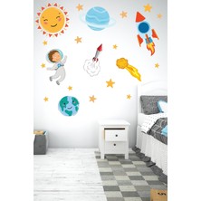Msticker Sevimli Astronot, Uzay Mekiği, Güneş, Yıldızlar Gezegen Sticker Seti Çocuk Bebek Odası