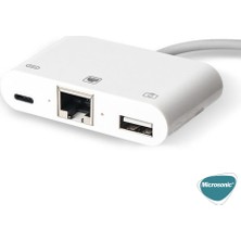 Microsonic Lightning To Ethernet & USB Adapter Kablo, iPhone Uyumlu, iPad USB, Ethernet Dönüştürücü Adaptör Beyaz